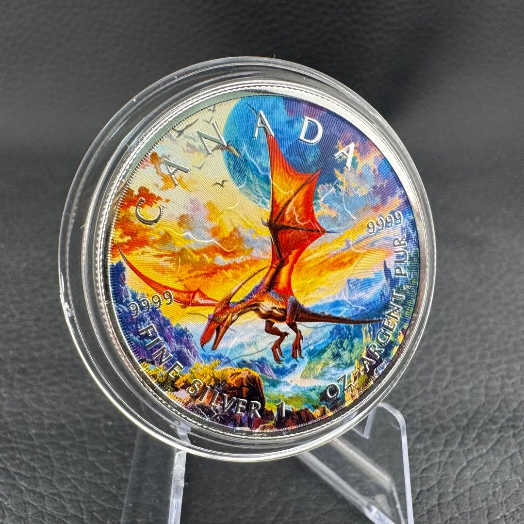 100枚限定！ メイプルリーフ 銀貨 カラー 翼竜 プテラノドン 恐竜 1オンス