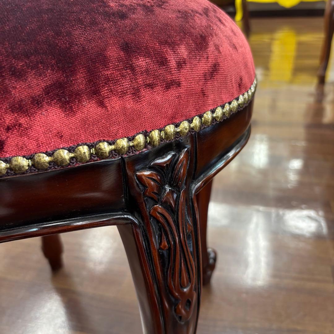 マホガニーアンティーク調 クラシックスタイル 赤ベルベット スツール 腰掛け椅子