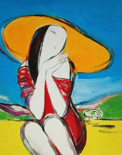 油絵 菅家令子 絵 絵画 インテリア 額付(青緑＋銀) F3-010511 女性