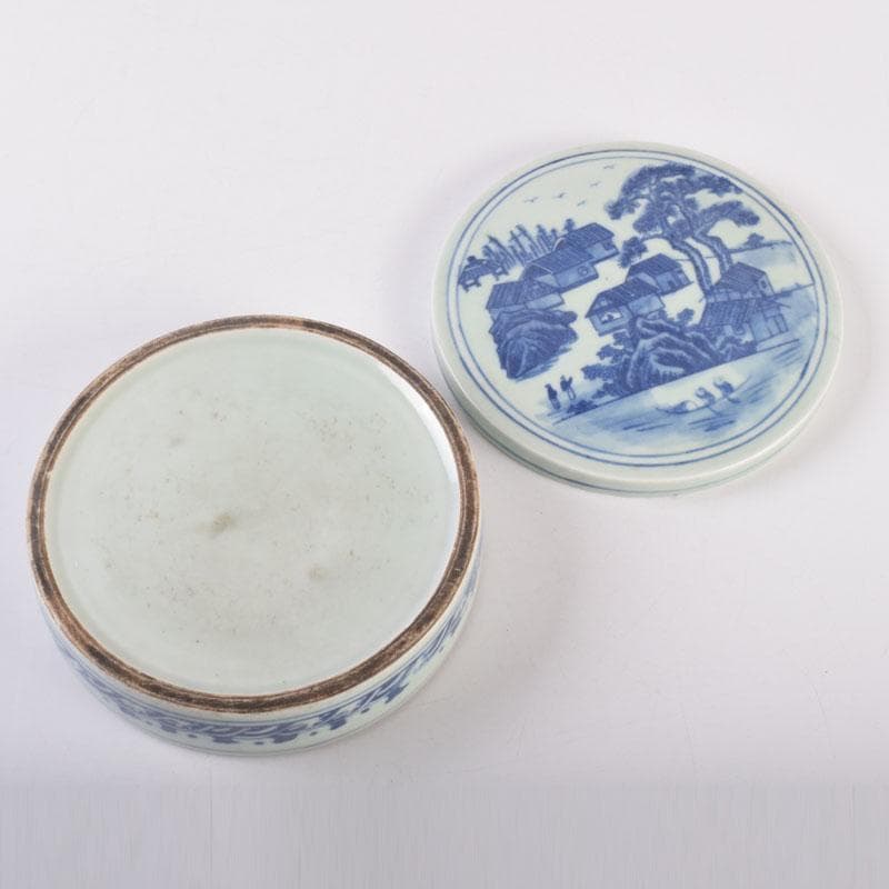 中国　書道具　青花　山水文　円式陶硯　V　8477