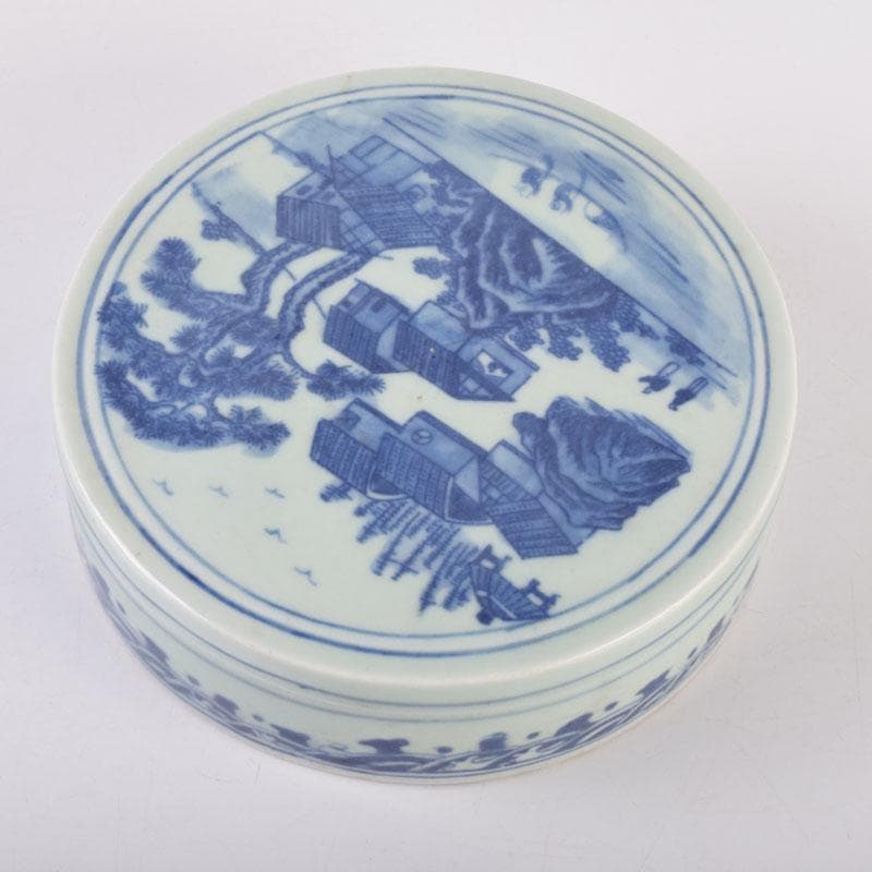 中国　書道具　青花　山水文　円式陶硯　V　8477