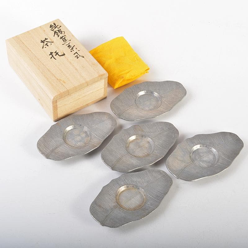 煎茶道具　松月造　純錫　蕉葉式　茶托　五客　合計約514g　箱付　V　R7300
