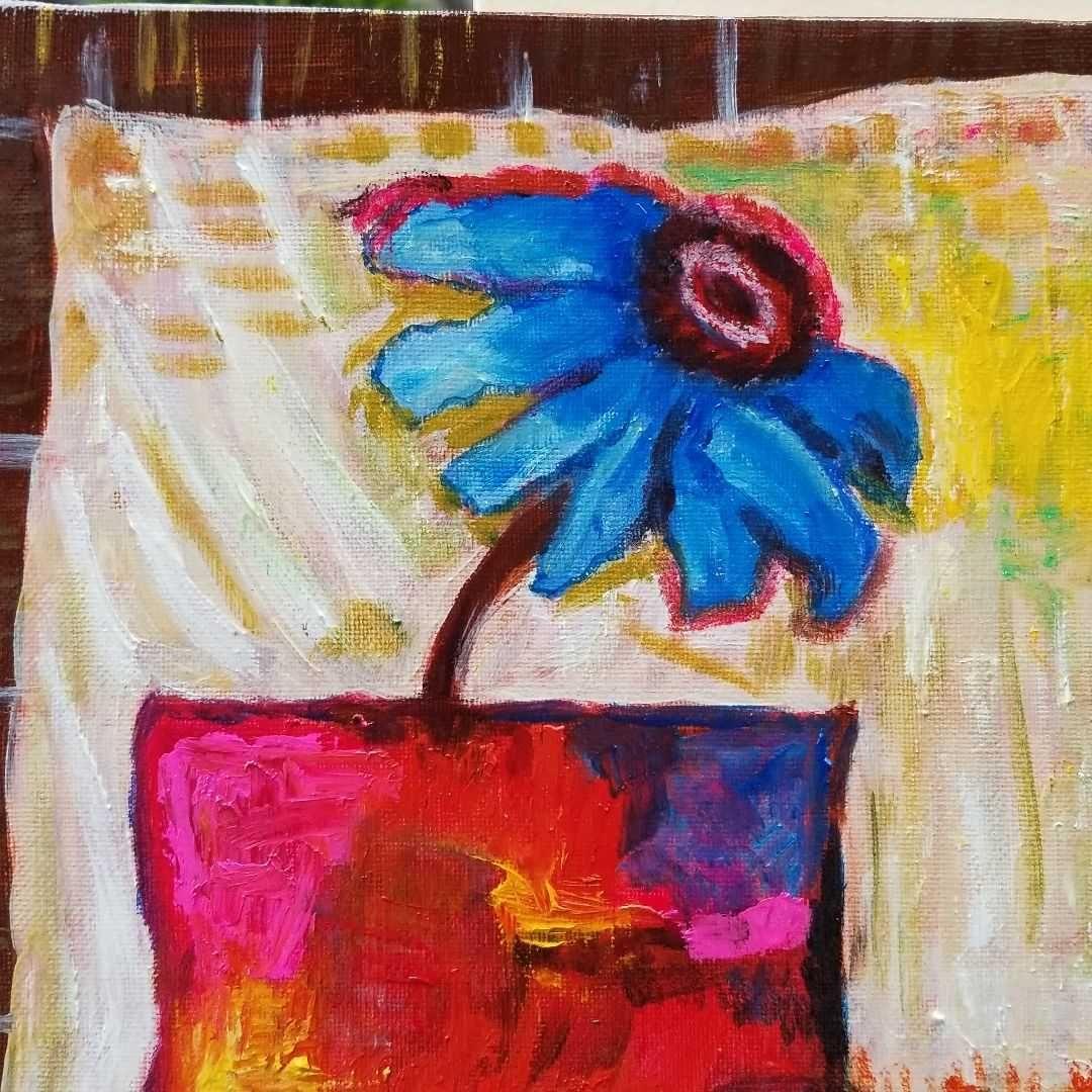 油絵　よっこ　ふたつのうつわと青い花