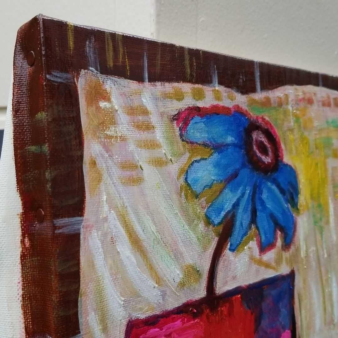 油絵　よっこ　ふたつのうつわと青い花