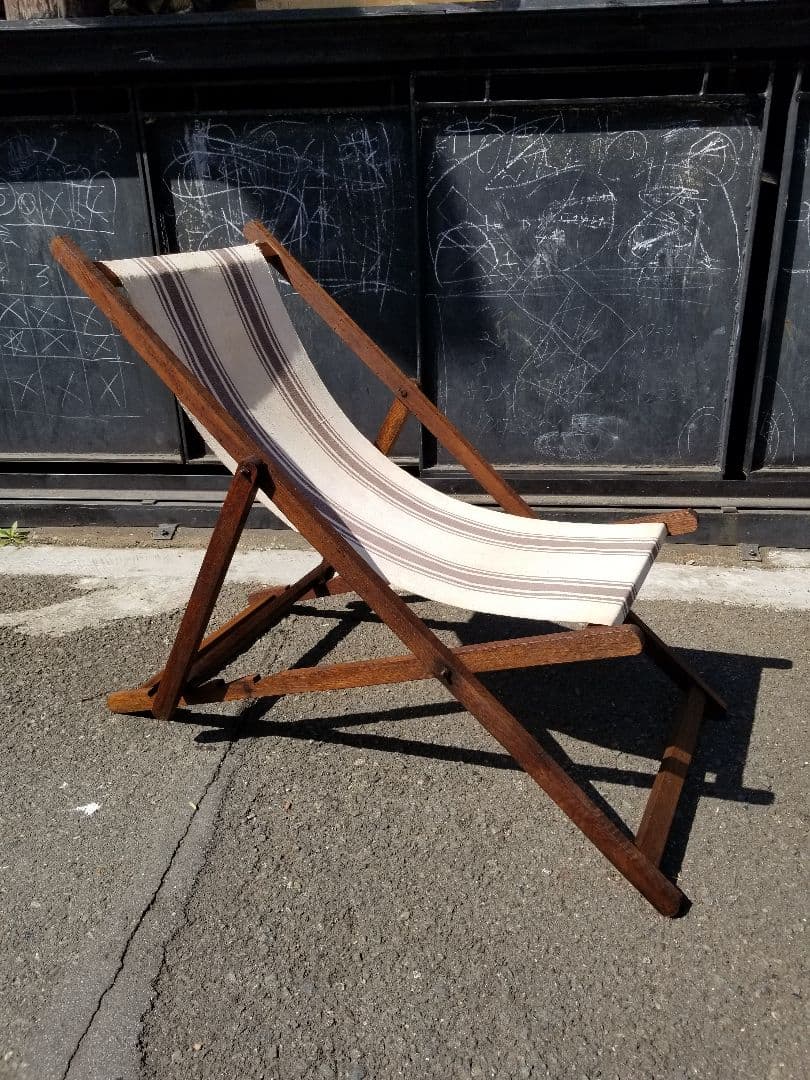 1960年代　ヴィンテージ　縞柄　帆布　オーク材　ストライプ　ロッキングチェア