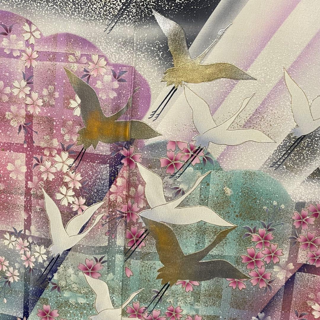 D769 振袖　松本幸四郎　黒地　鶴　桜　正絹　着物　袷　極美品