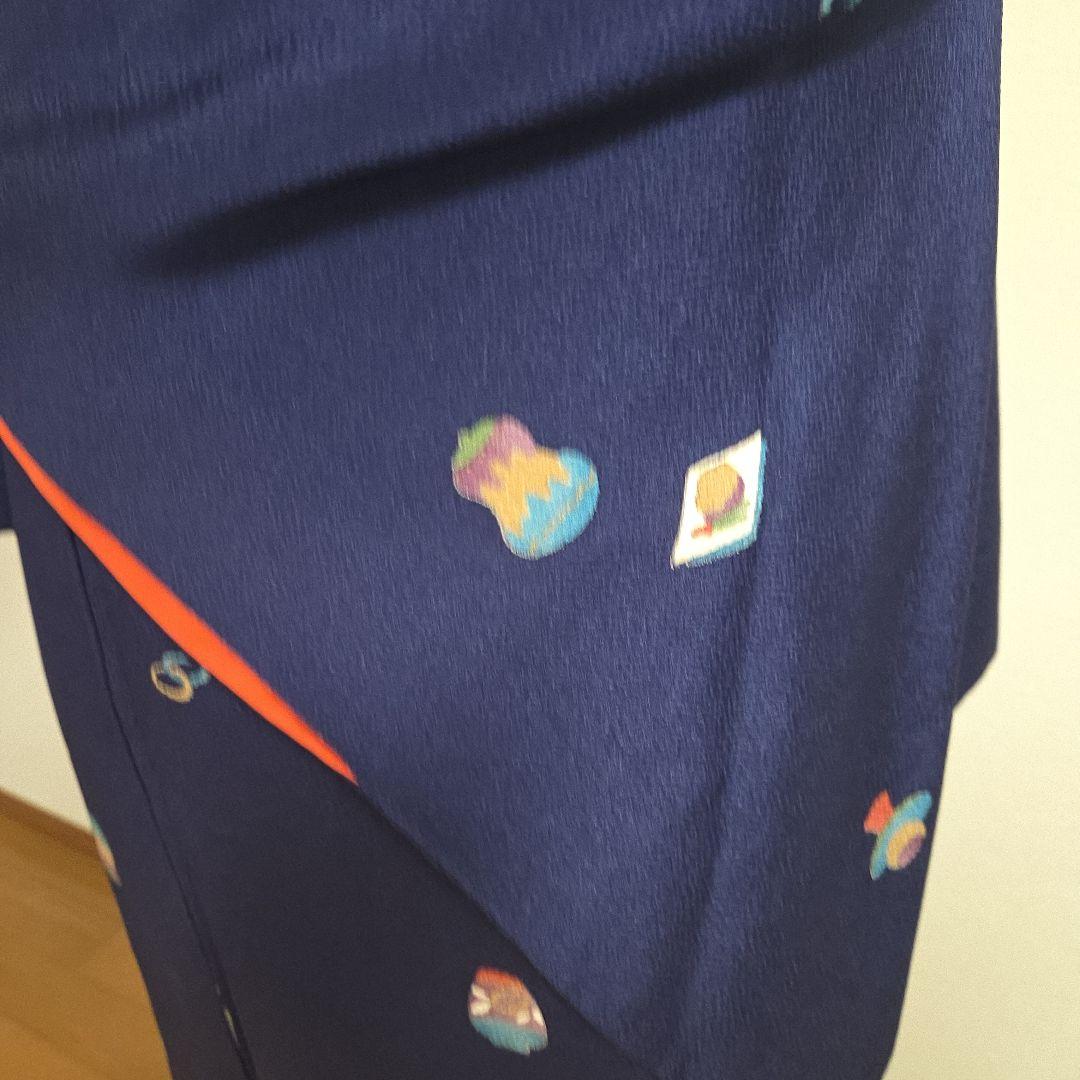 古代ちりめん小紋　紺地　茶道具飛び柄　6611