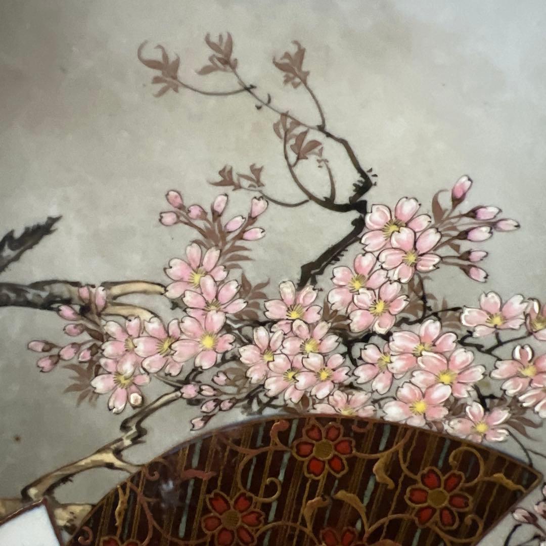 古美術　桜の木　扇面絵　極細絵　九谷谷口製　在銘