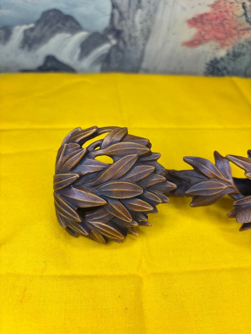 置物　珍木 古美術 黄楊木 虫 竹　　極細工