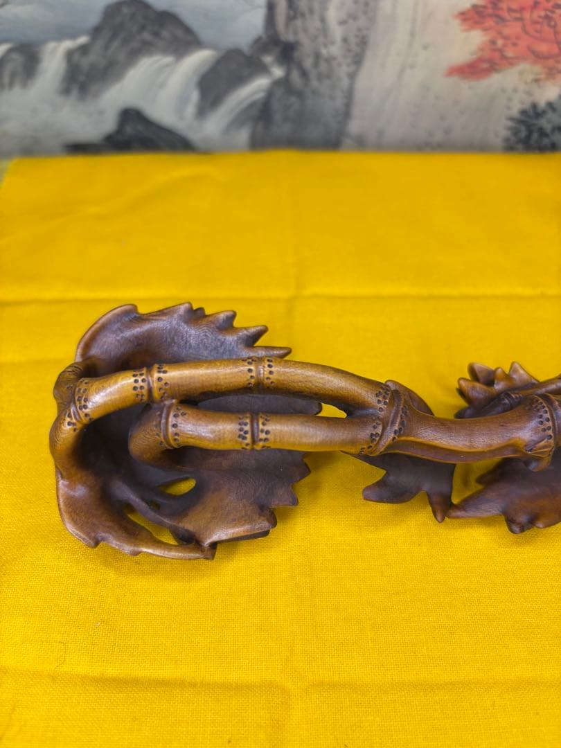 置物　珍木 古美術 黄楊木 虫 竹　　極細工