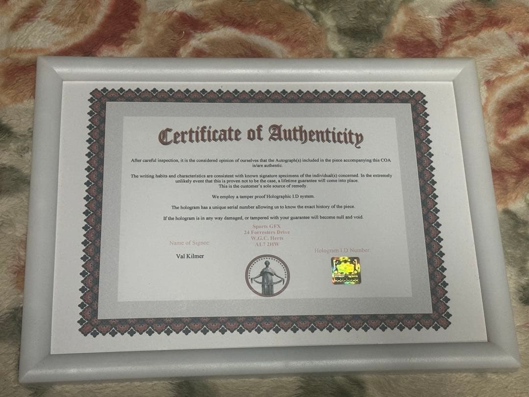 ヴァル・キルマー／トップガン/直筆サイン/認証証明書/TOPGUN