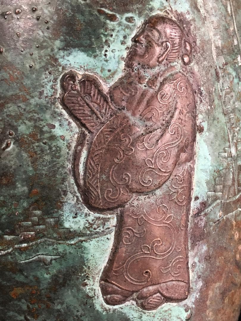 【 高肉象嵌銅壺 】　 高士唐子図　中華古玩