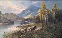 【真作】絵画　油彩　白樺と湖畔の静寂　クラシカル油絵　山光映える渓谷　Y14