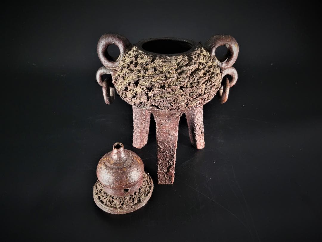 【焼物】備前焼 三足香煙 共箱 茶道具 旧家譲り品　年代物