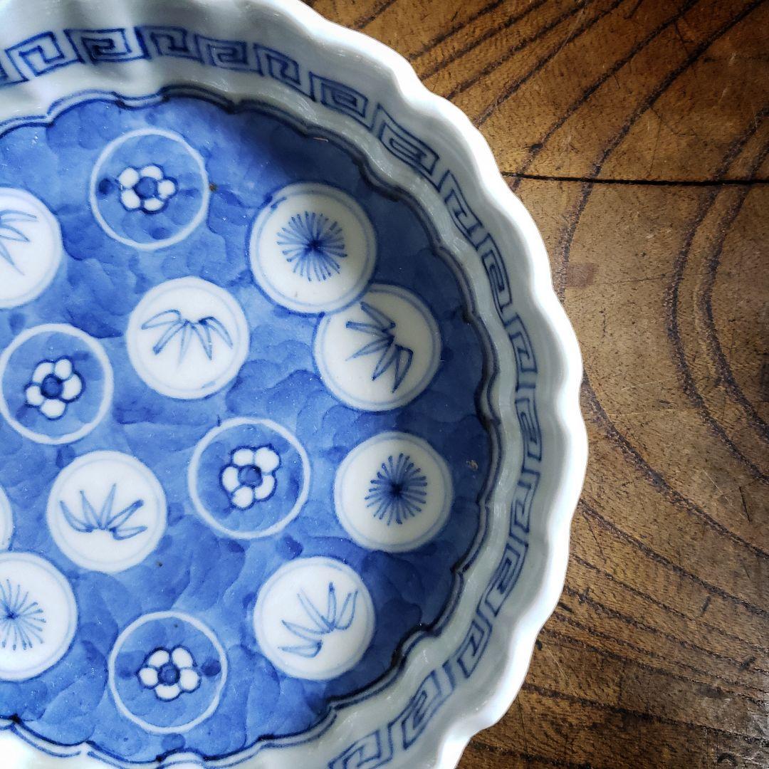 小皿　染付　花弁縁　丸窓　松竹梅　縁文　雷文　訳あり　明治　大正　古伊万里　ロ号