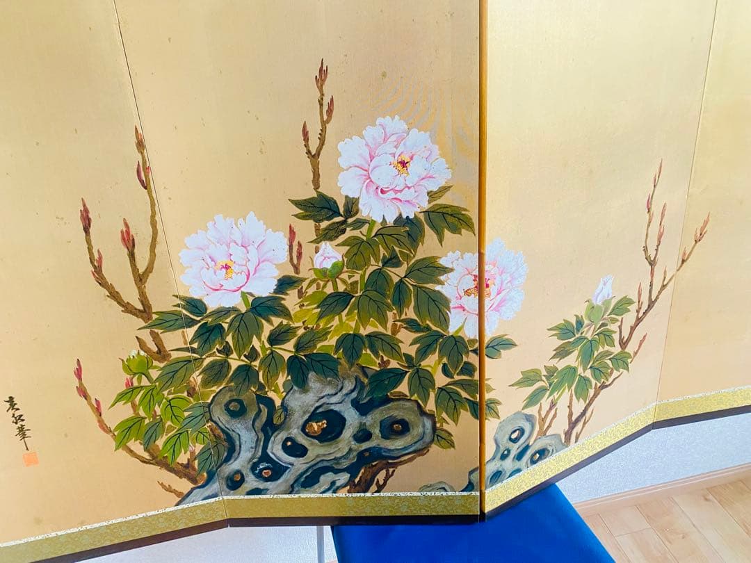 日本画 花と岩の屏風 160cm x 90cm