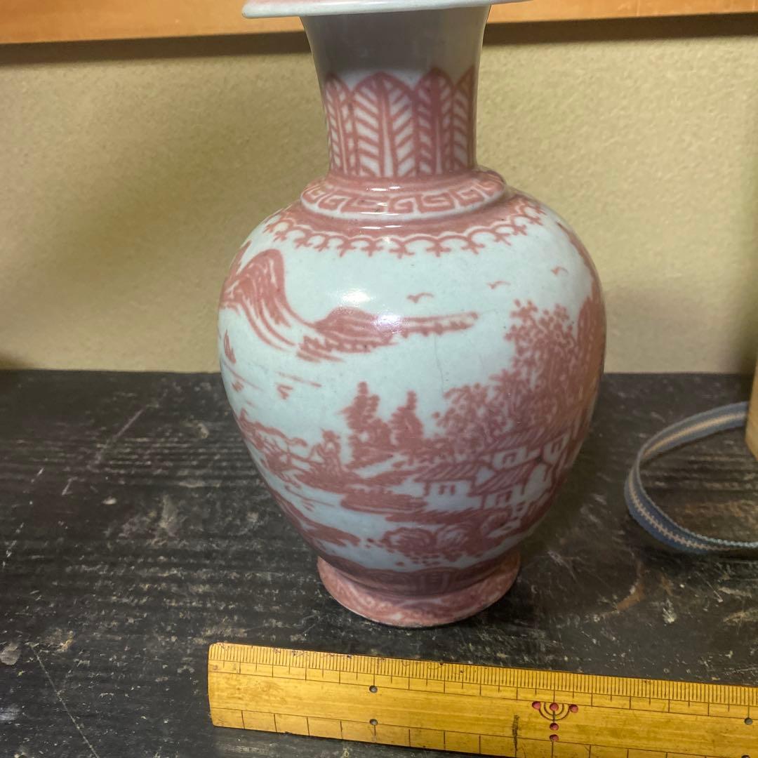 中国　古玩　辰砂山水図花瓶【桐箱付き】