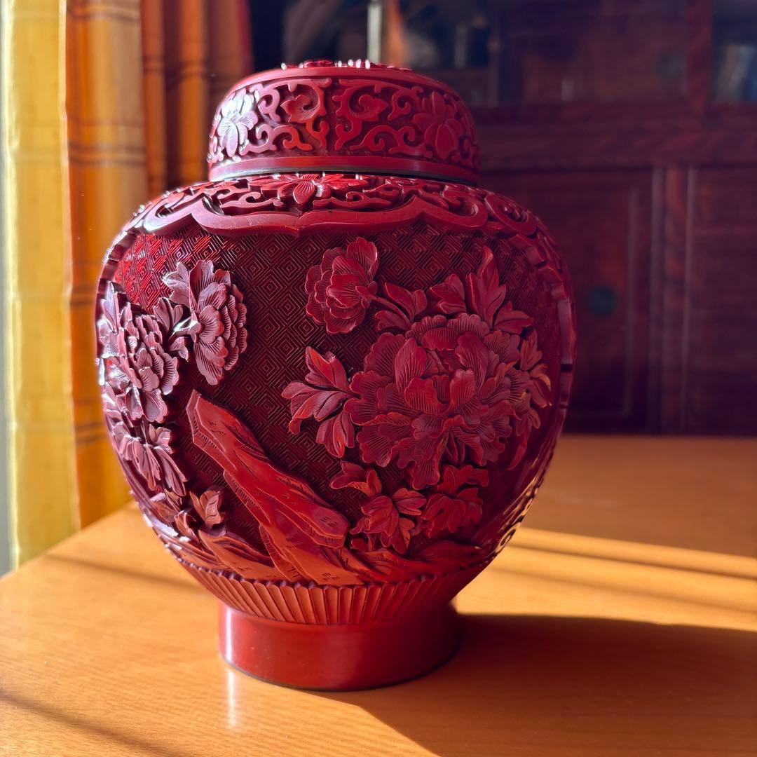 堆朱 蓋付き壺 中国美術 彫刻 骨董品 置物 昭和レトロ アンティーク