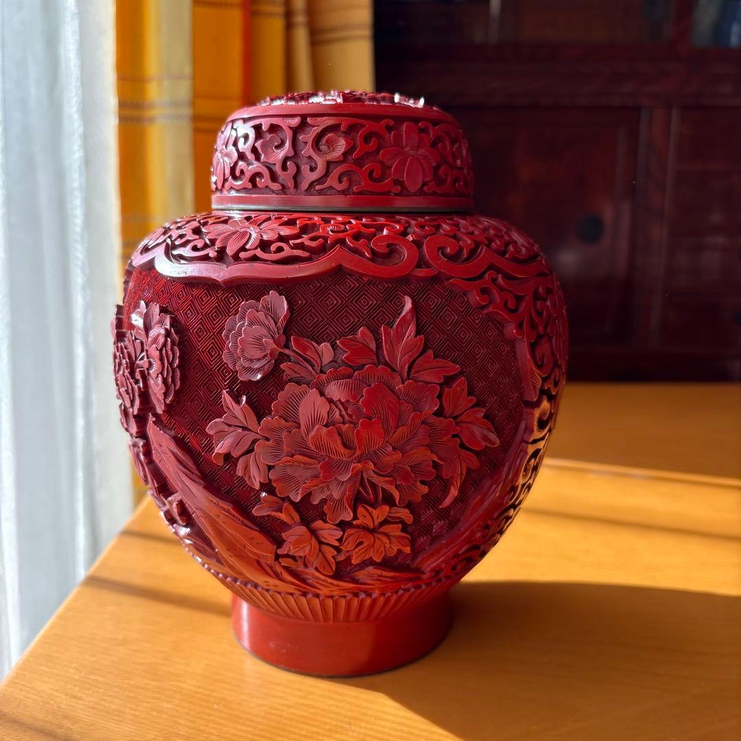 堆朱 蓋付き壺 中国美術 彫刻 骨董品 置物 昭和レトロ アンティーク