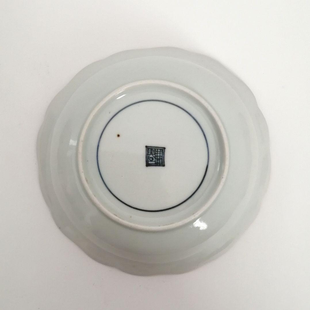 古伊万里　漢詩　象図　陽刻染付　輪花皿