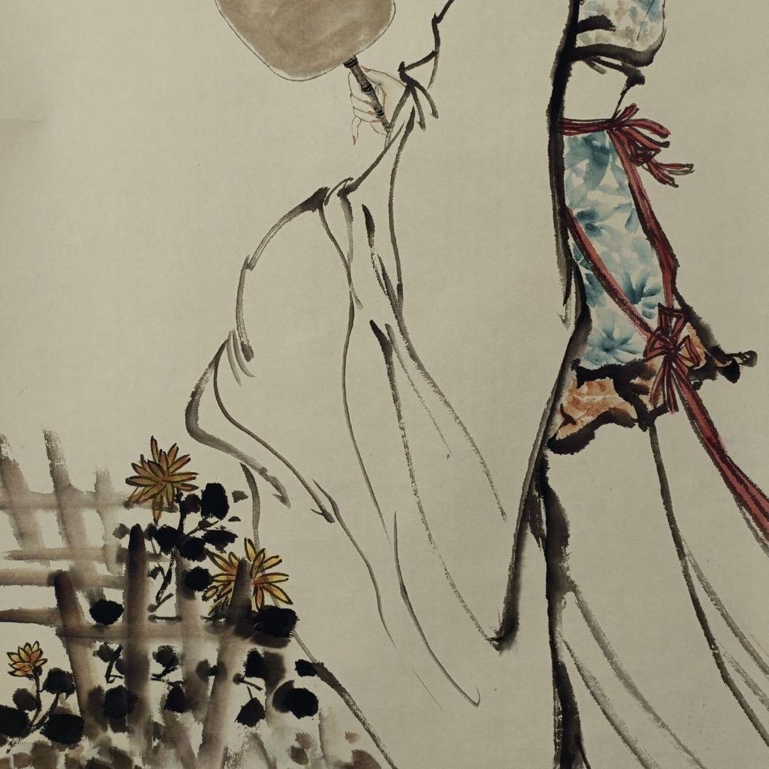 白伯骅《执扇仕女》　三尺中堂　掛軸　中国人物画　美人画　壁掛け装飾