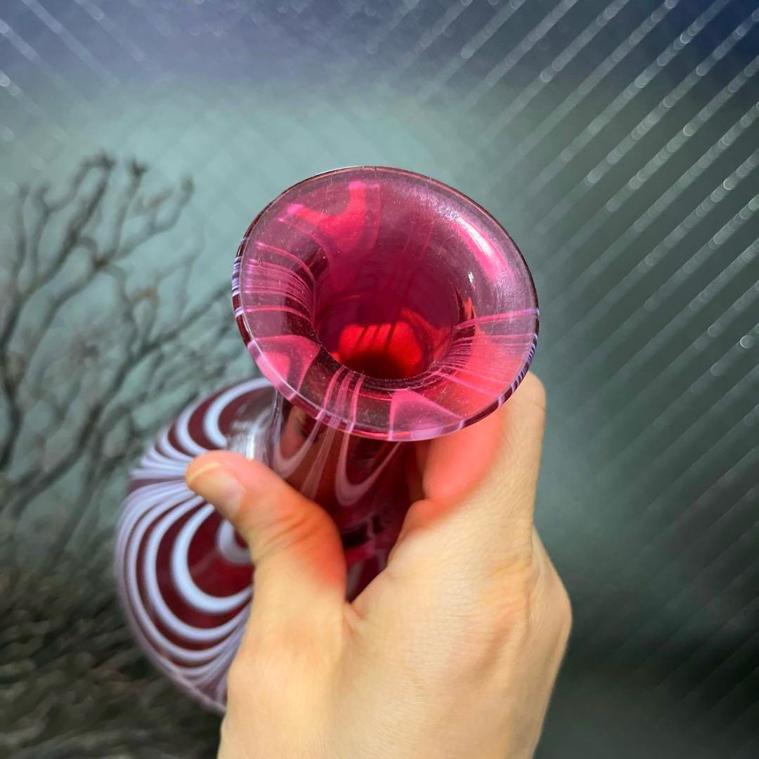 骨董　時代ガラス　希少　金赤ガラス　掻き揚げ紋　カラフェ　酒器　ウランガラス