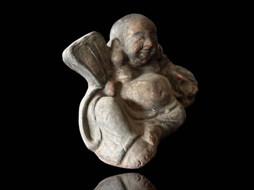 希少 江戸期 伏見人形 鵤幸右衛門 彩色布袋座像 銘【伏見 人形や 幸右衛門】