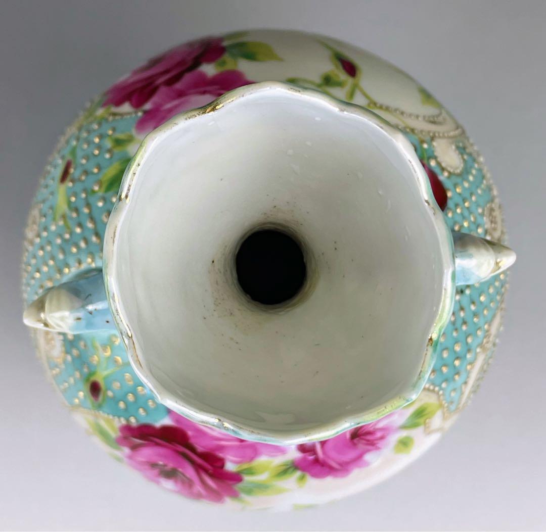 【希少】オールドニッポン 約２３cm アールヌーボー薔薇紋金盛り花瓶 ターコイズ