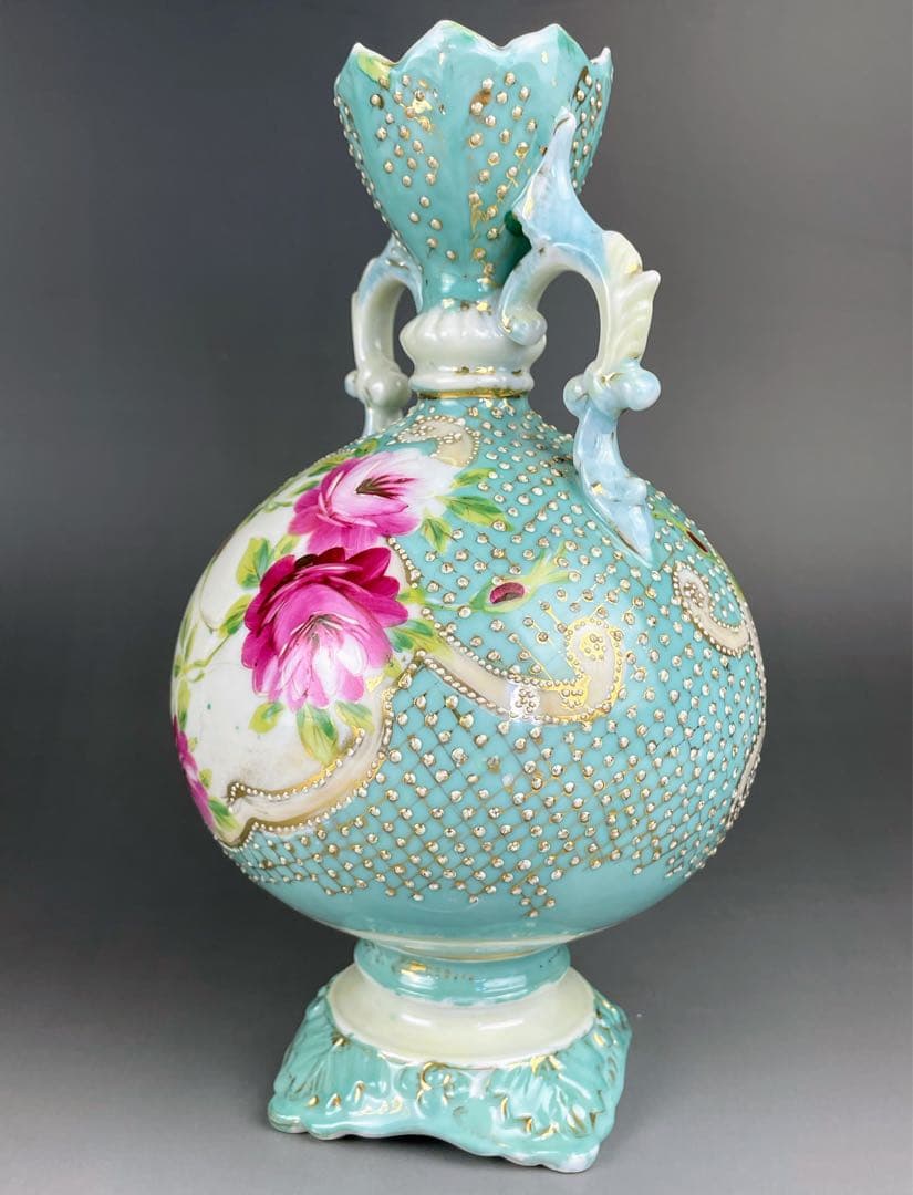 【希少】オールドニッポン 約２３cm アールヌーボー薔薇紋金盛り花瓶 ターコイズ