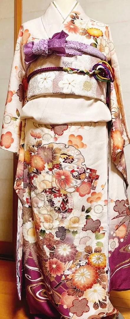 振袖　成人式　卒業式　オフホワイト　クリーム　パープル　袋帯　袴　振袖フルセット
