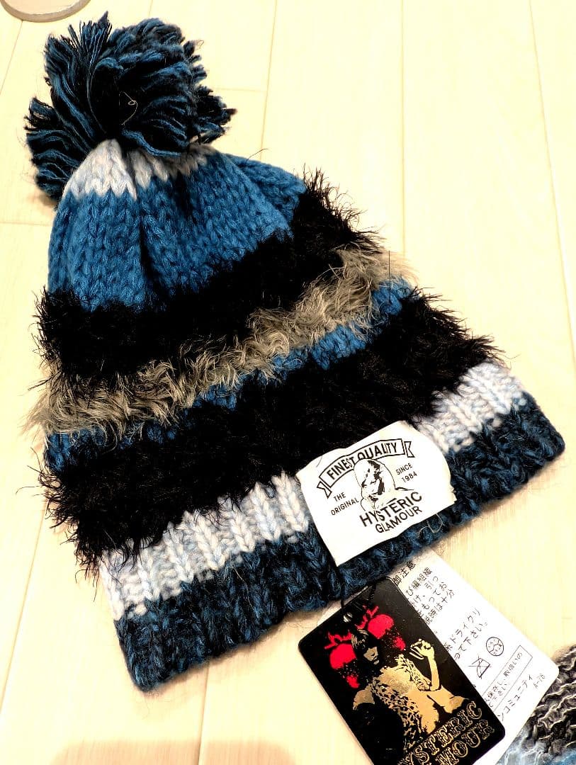 HYSTERIC GLAMOUR パンクボーダーキャップ・マフラー ブルーセット