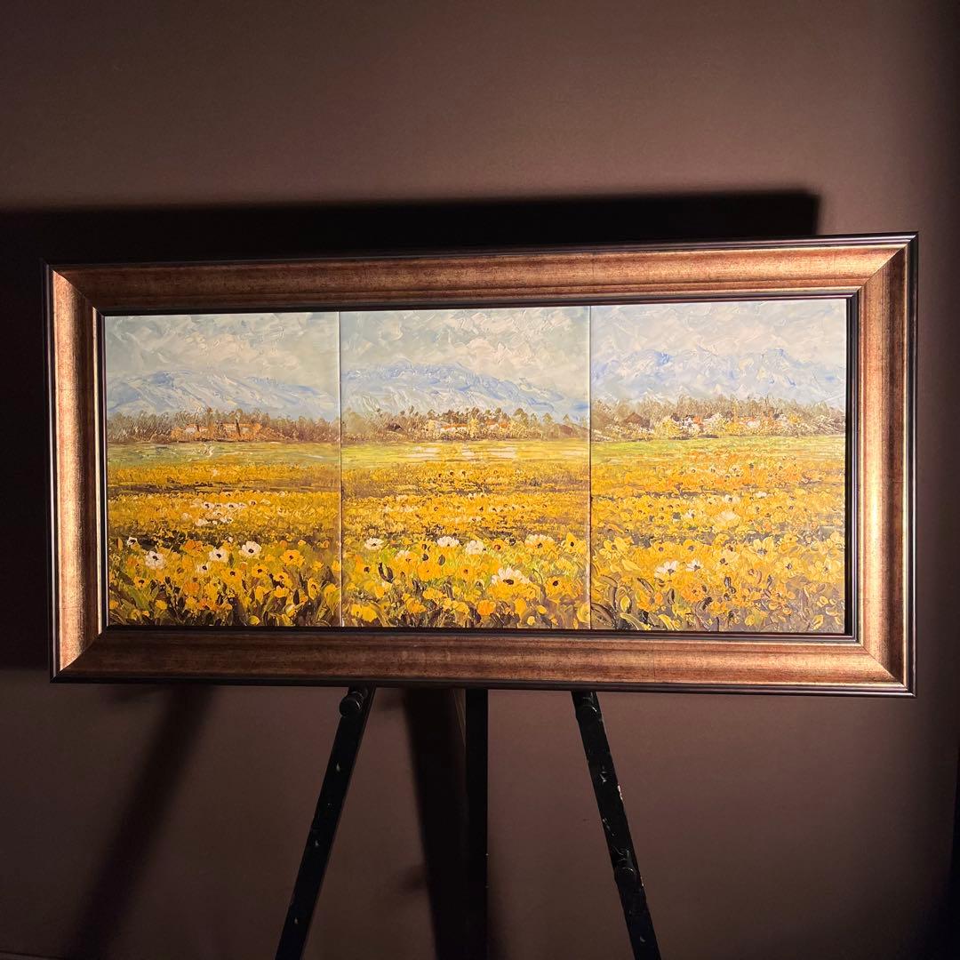 手書き油絵 ３枚組 コスモス畑 肉筆額付 額付き 絵画 インテリア 油彩画