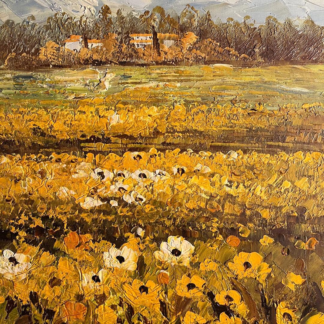 手書き油絵 ３枚組 コスモス畑 肉筆額付 額付き 絵画 インテリア 油彩画