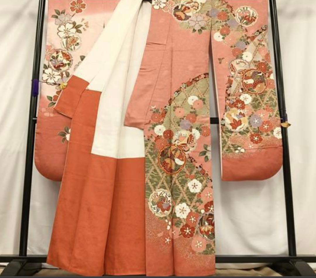 振袖 フルセット6点サイズS〜M 駒刺繍　雪輪花蝶文　金彩　正絹