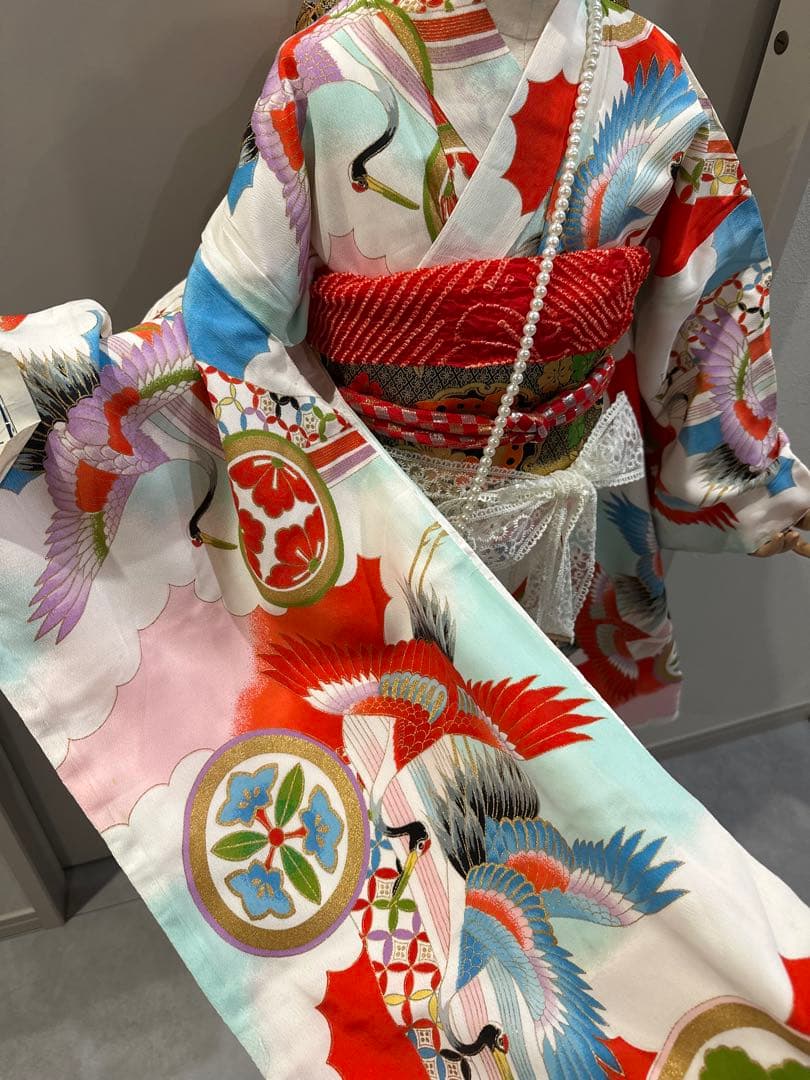 正絹　七五三 赤と白の鶴模様 着物　レトロ　フルセット