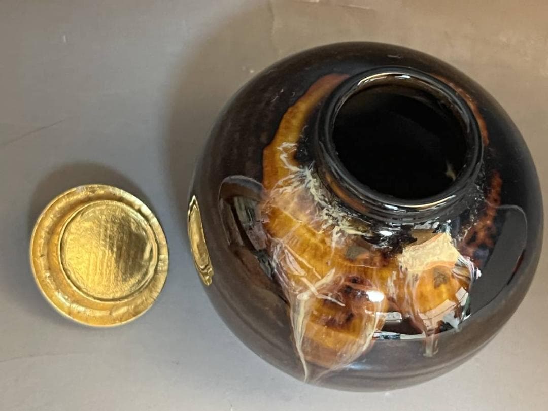 茶入■文琳茶入【洛東定一作】飴釉 糸切高台 お茶道具 古美術 時代物 骨董品■