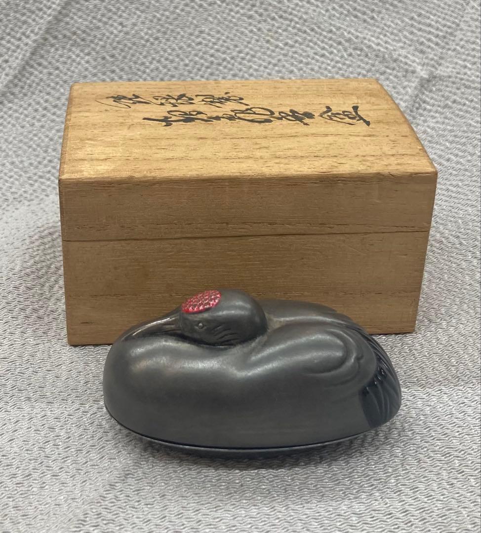 B491s 岡野利光造 鶴亀香合　純銀製　京都　共箱　茶道具　香道具　金工師