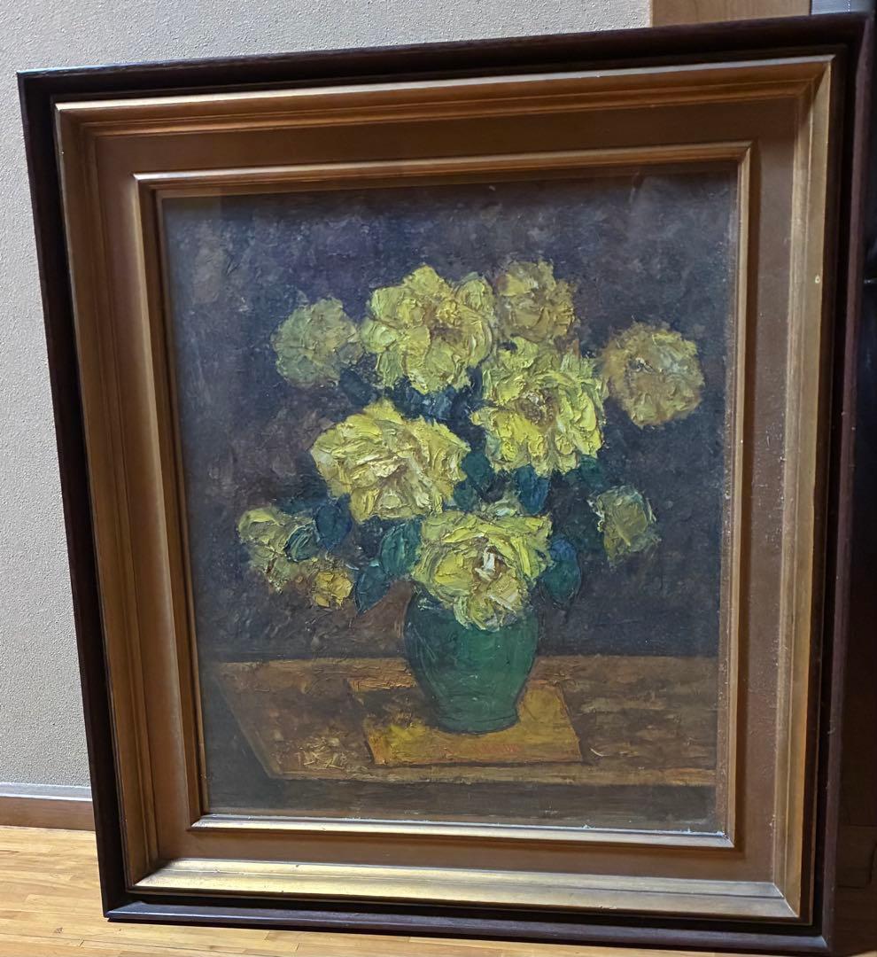 油彩画 花瓶の中の黄色いバラ