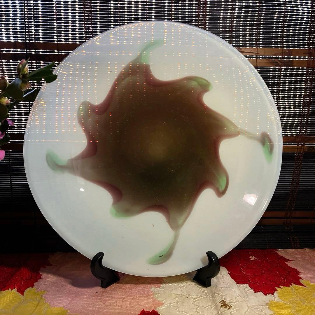 骨董　時代ガラス　乳白色　マット系モダンカラー配色　大型プレート　大皿１客