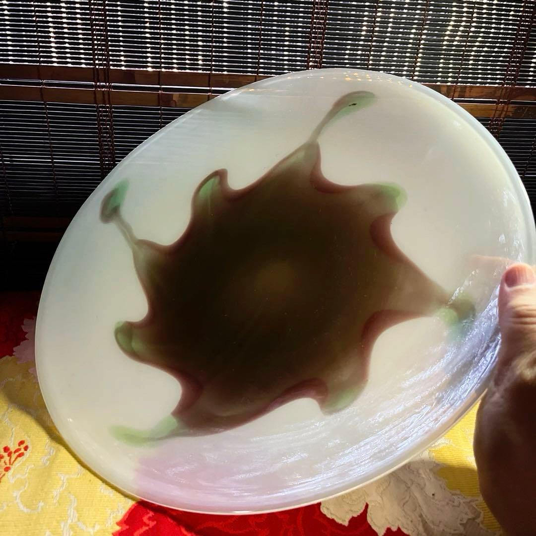 骨董　時代ガラス　乳白色　マット系モダンカラー配色　大型プレート　大皿１客