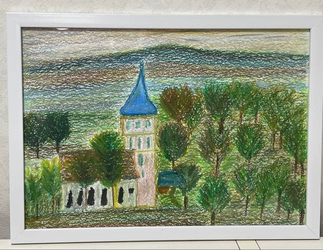 風景画 パステル画 青い屋根の塔