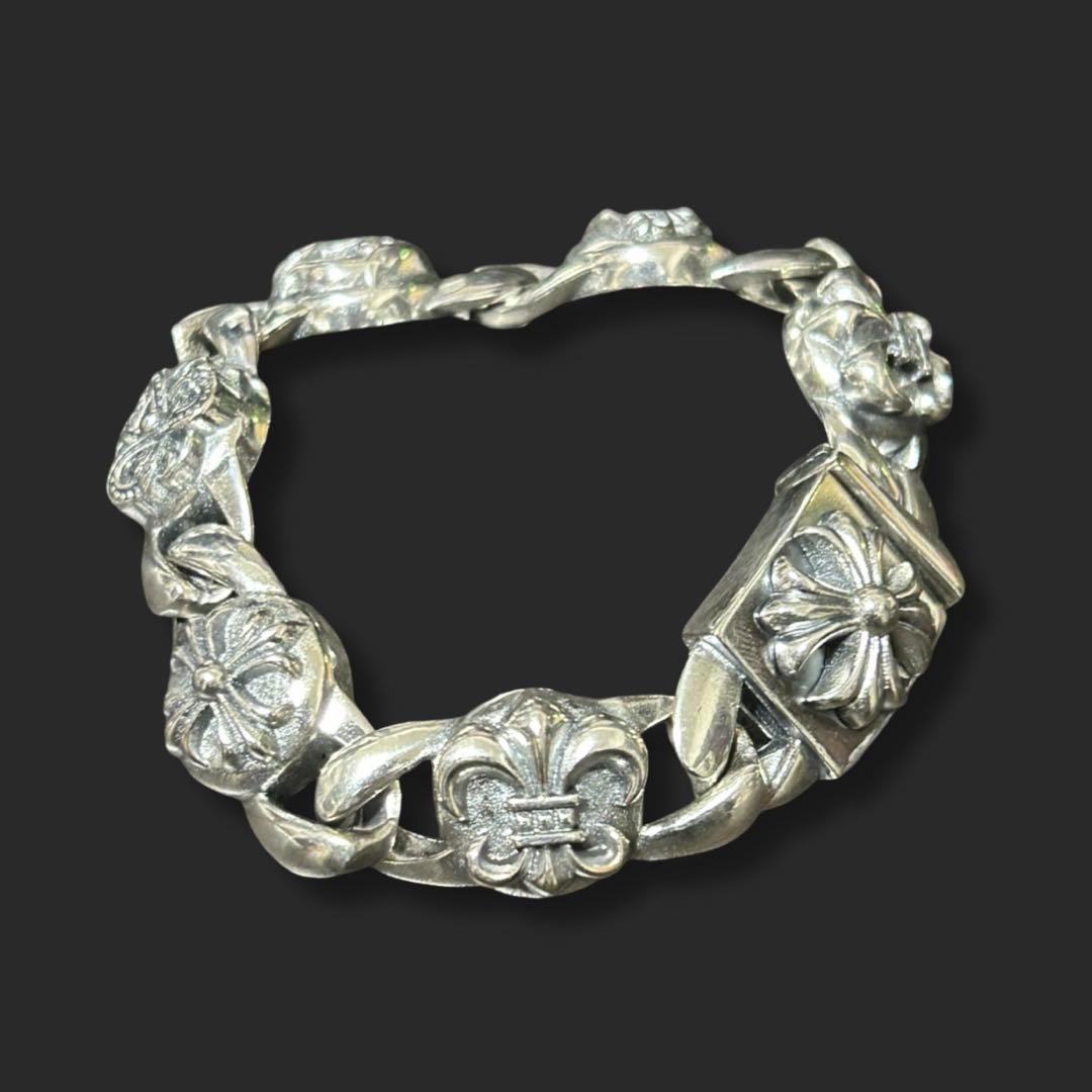 シルバー925 クロストライバルハートフレア ヴィンテージ チェーンブレスレット