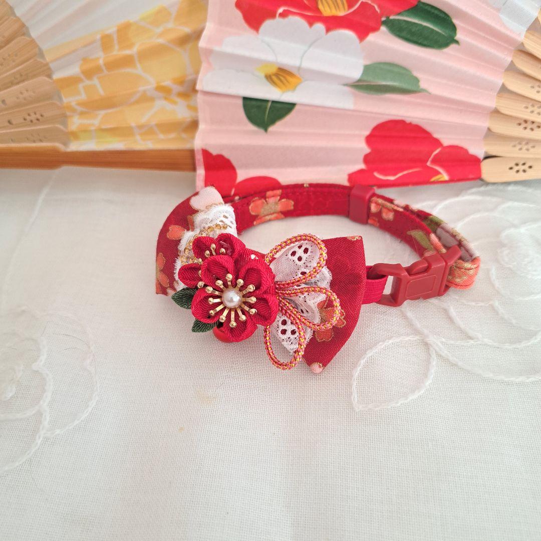 お正月、つまみ細工シングルリボン(赤①)わんちゃん猫ちゃん用首輪