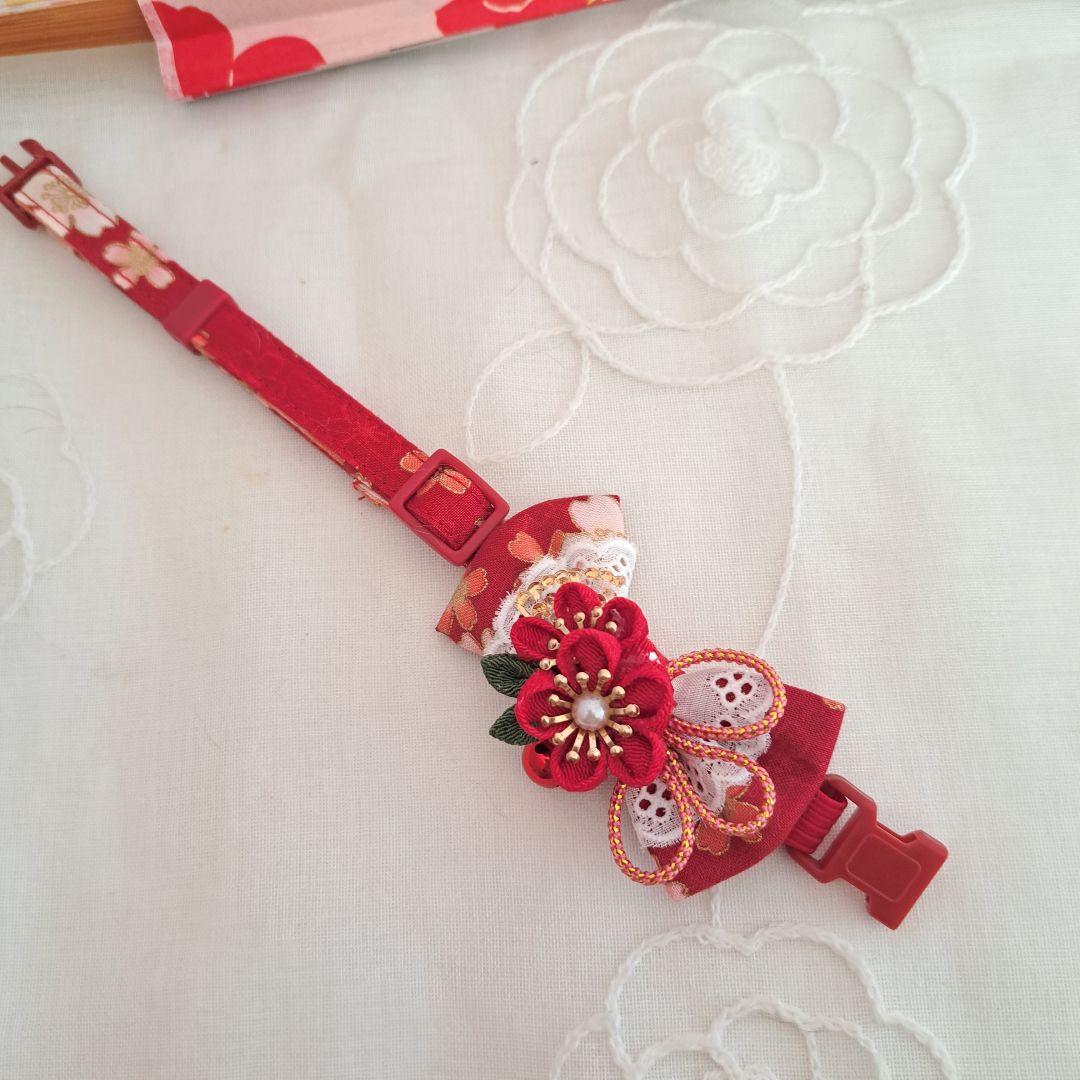 お正月、つまみ細工シングルリボン(赤①)わんちゃん猫ちゃん用首輪