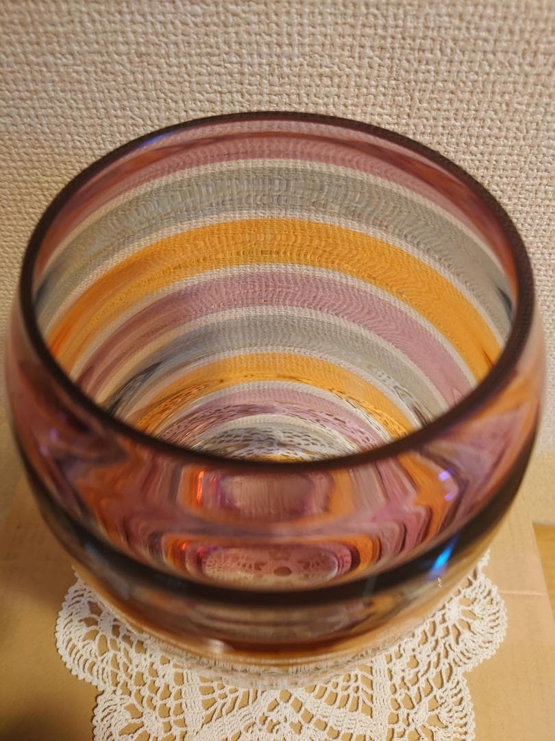 ボヘミア　グラス　レインボー　ボーダー柄　花瓶　チェコ製