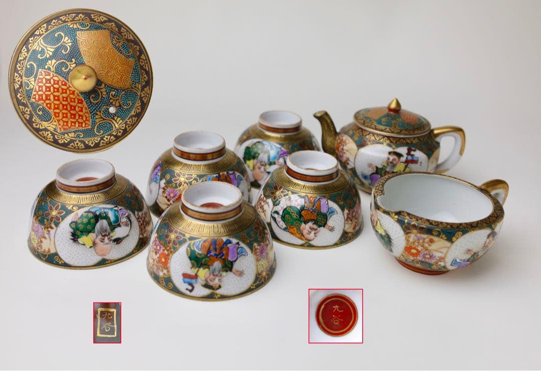 九谷焼　寿老人　細密絵　青海波　七宝図　青粒　煎茶器　急須　茶碗