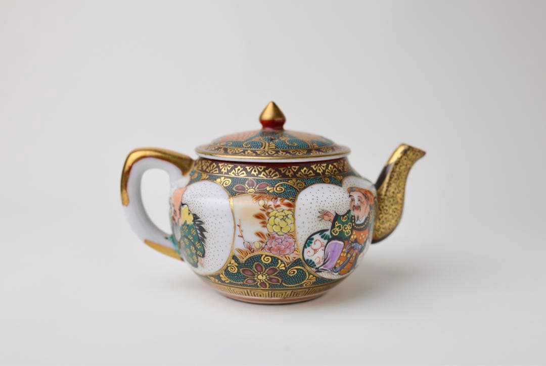 九谷焼　寿老人　細密絵　青海波　七宝図　青粒　煎茶器　急須　茶碗