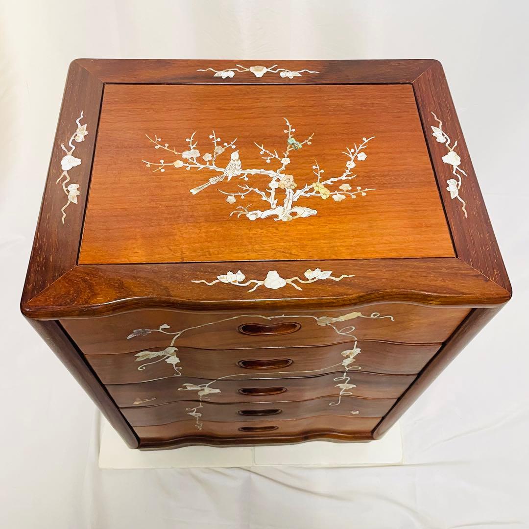 唐木 カリン 無垢材 螺鈿細工 5段チェスト