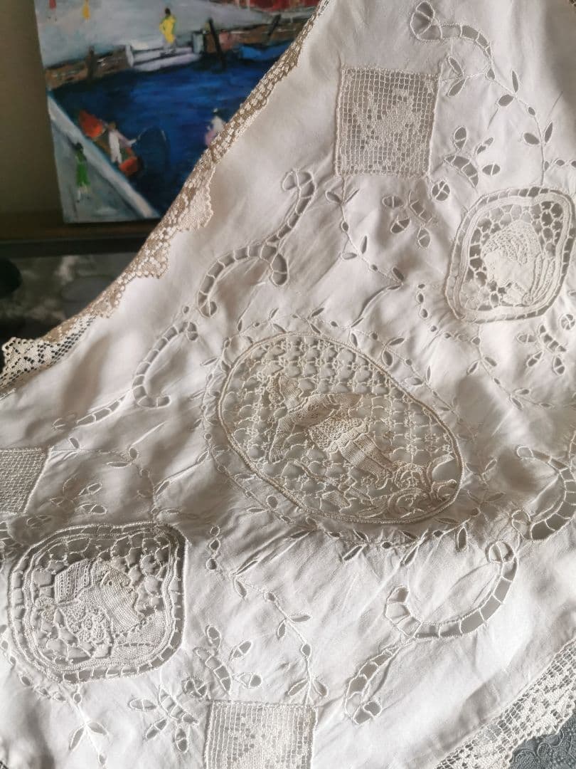 アンティーク ポワンドヴェニス 騎士と犬 ブラーノレース とろみクッションカバー