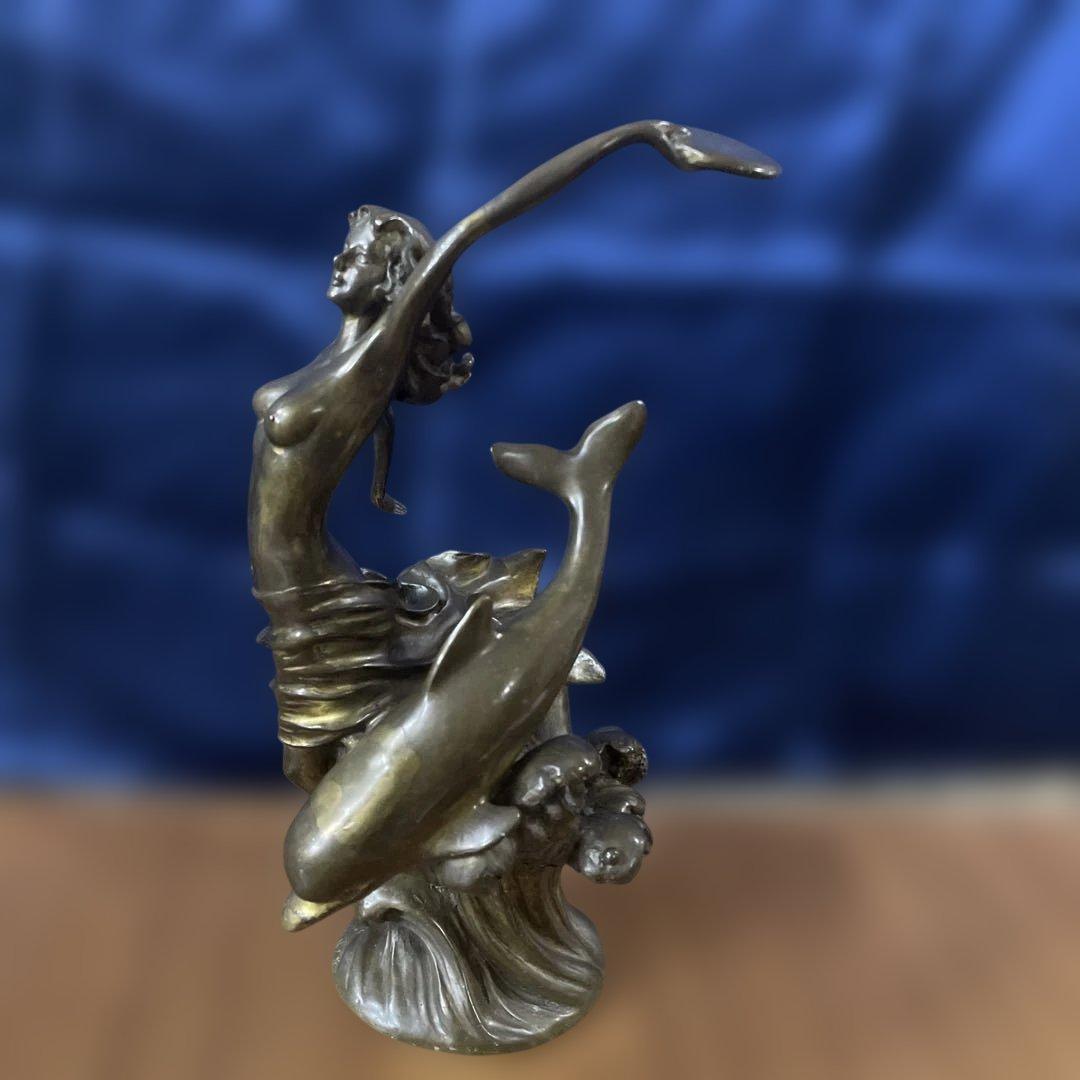 アールヌーボー風 ブロンズ女性とイルカ